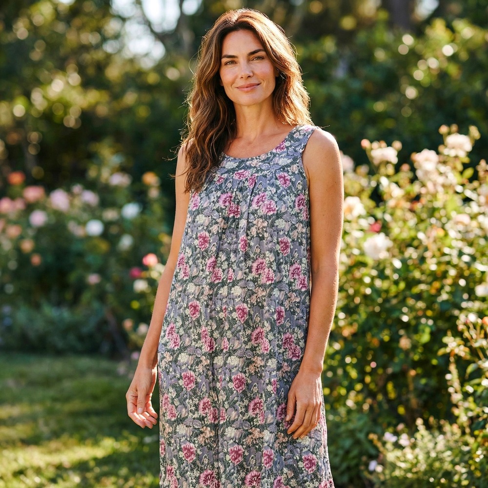 Vintage Handmade Floral Rose Print Sleeveless Midi Nightgown House Dress Green L